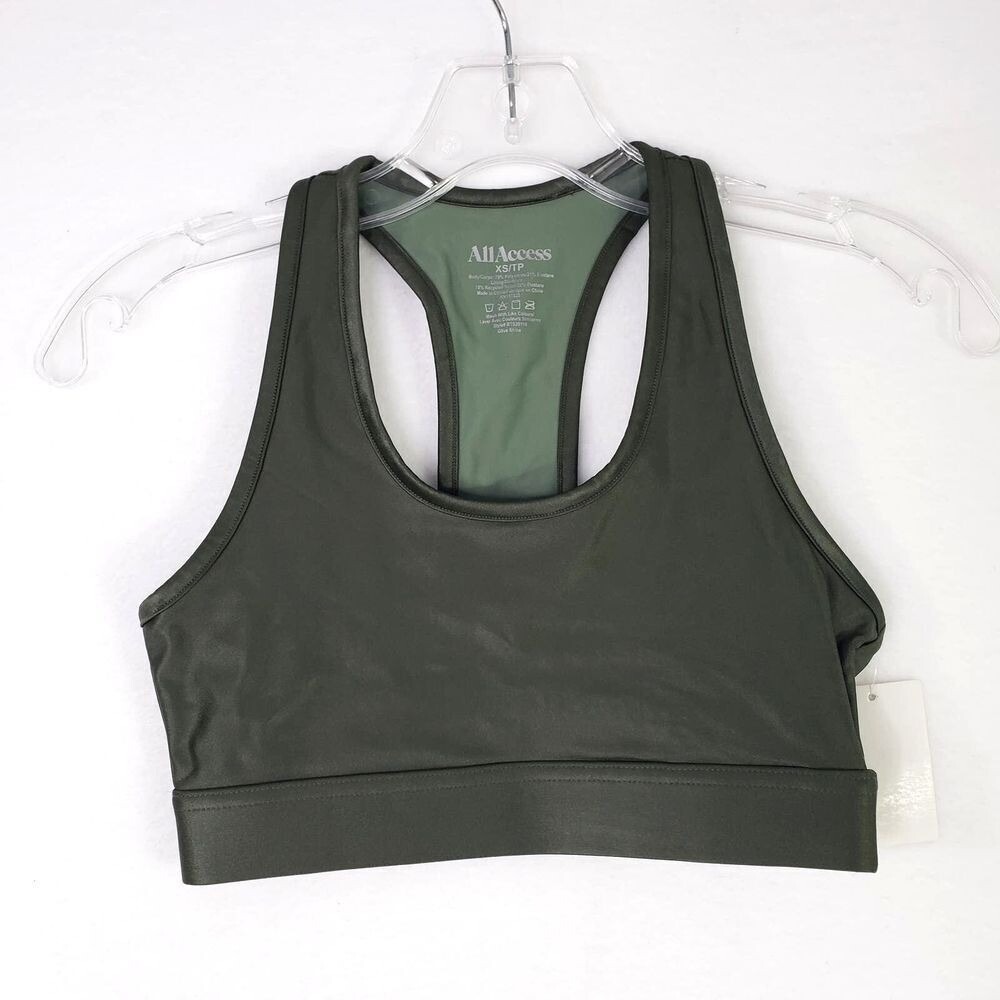 All‎ Access Front Row Sport Bra Womens Size XS Olive Shine Green Stretch T-Back